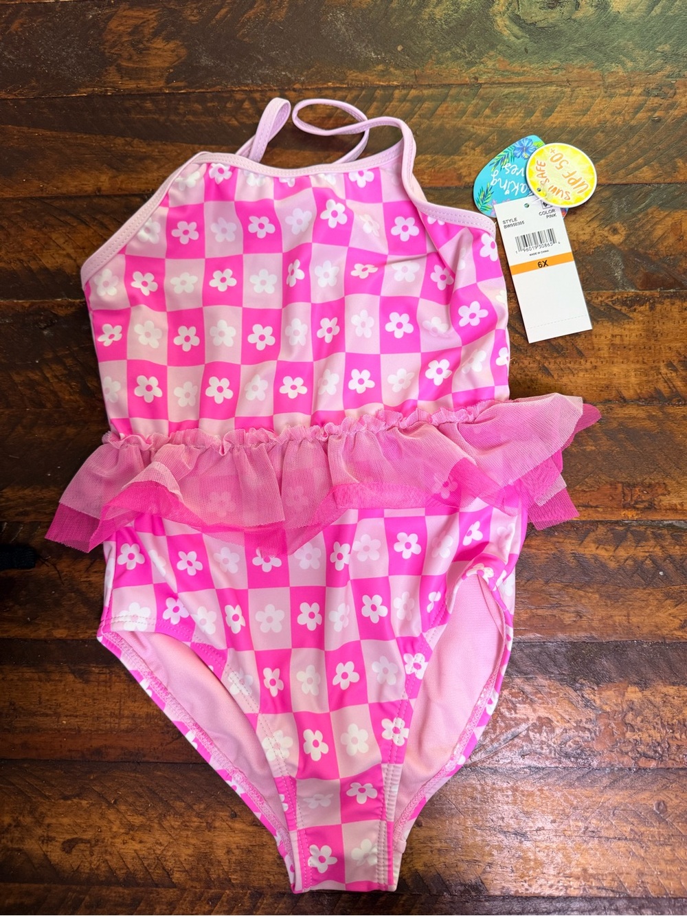 Girls' Pink Gingham Floral Ruffle One-Piece Swimsuit